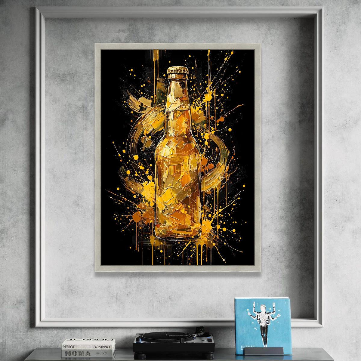 Abstract Beer Bottle Canvas, Modern Bar Wall Art, Splatter Paint Design, Golden Drink Decoration, Contemporary Home Canvas Canvas Print Art