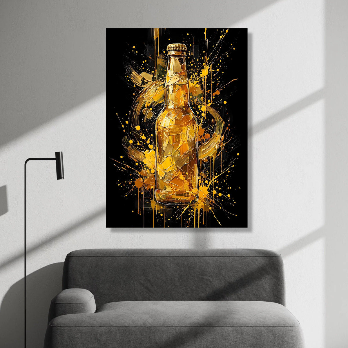 Abstract Beer Bottle Canvas, Modern Bar Wall Art, Splatter Paint Design, Golden Drink Decoration, Contemporary Home Canvas Canvas Print Art