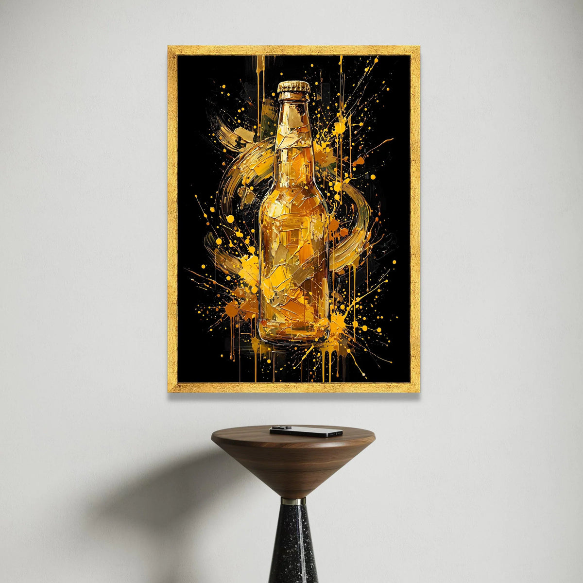 Abstract Beer Bottle Canvas, Modern Bar Wall Art, Splatter Paint Design, Golden Drink Decoration, Contemporary Home Canvas Canvas Print Art