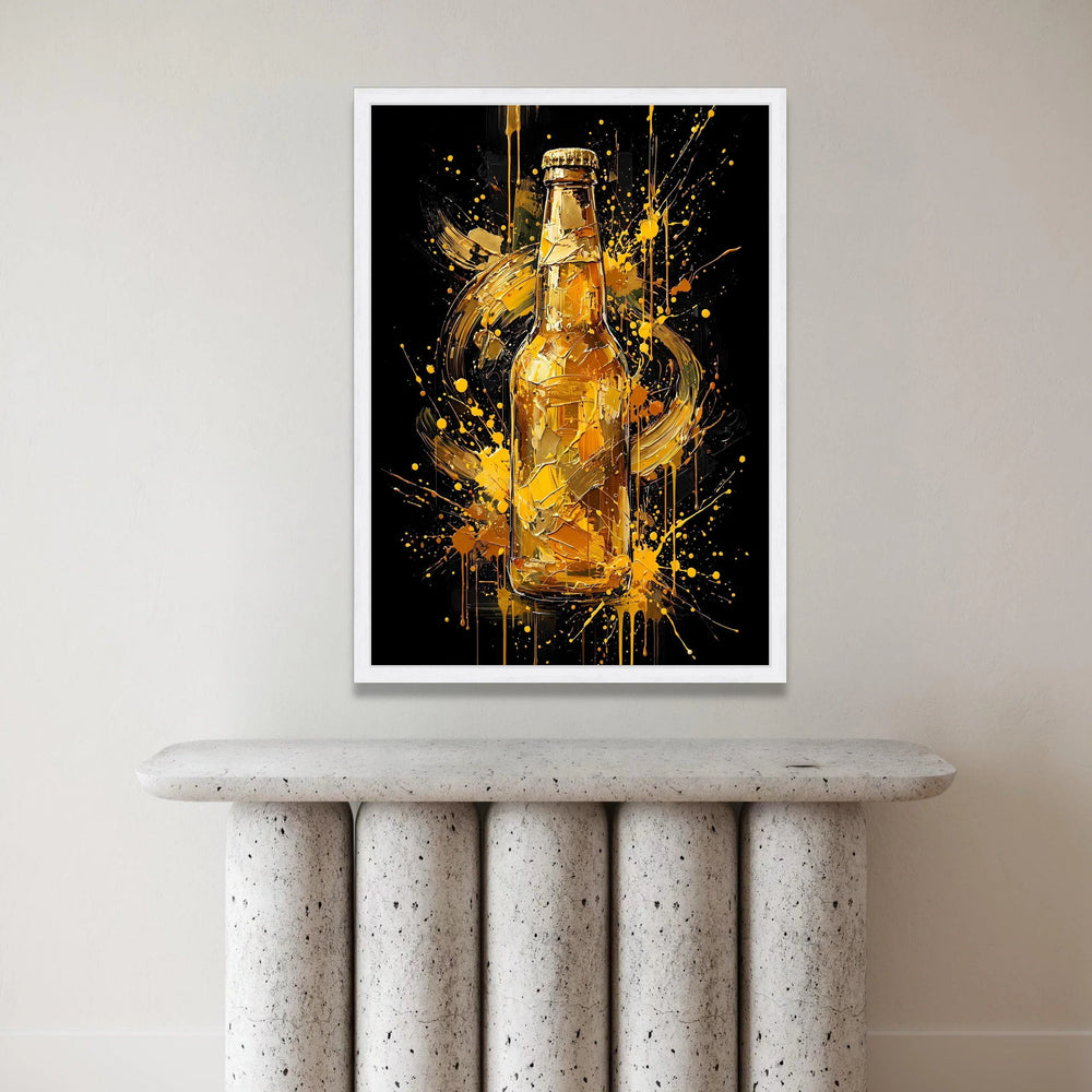 Abstract Beer Bottle Canvas, Modern Bar Wall Art, Splatter Paint Design, Golden Drink Decoration, Contemporary Home Canvas Canvas Print Art