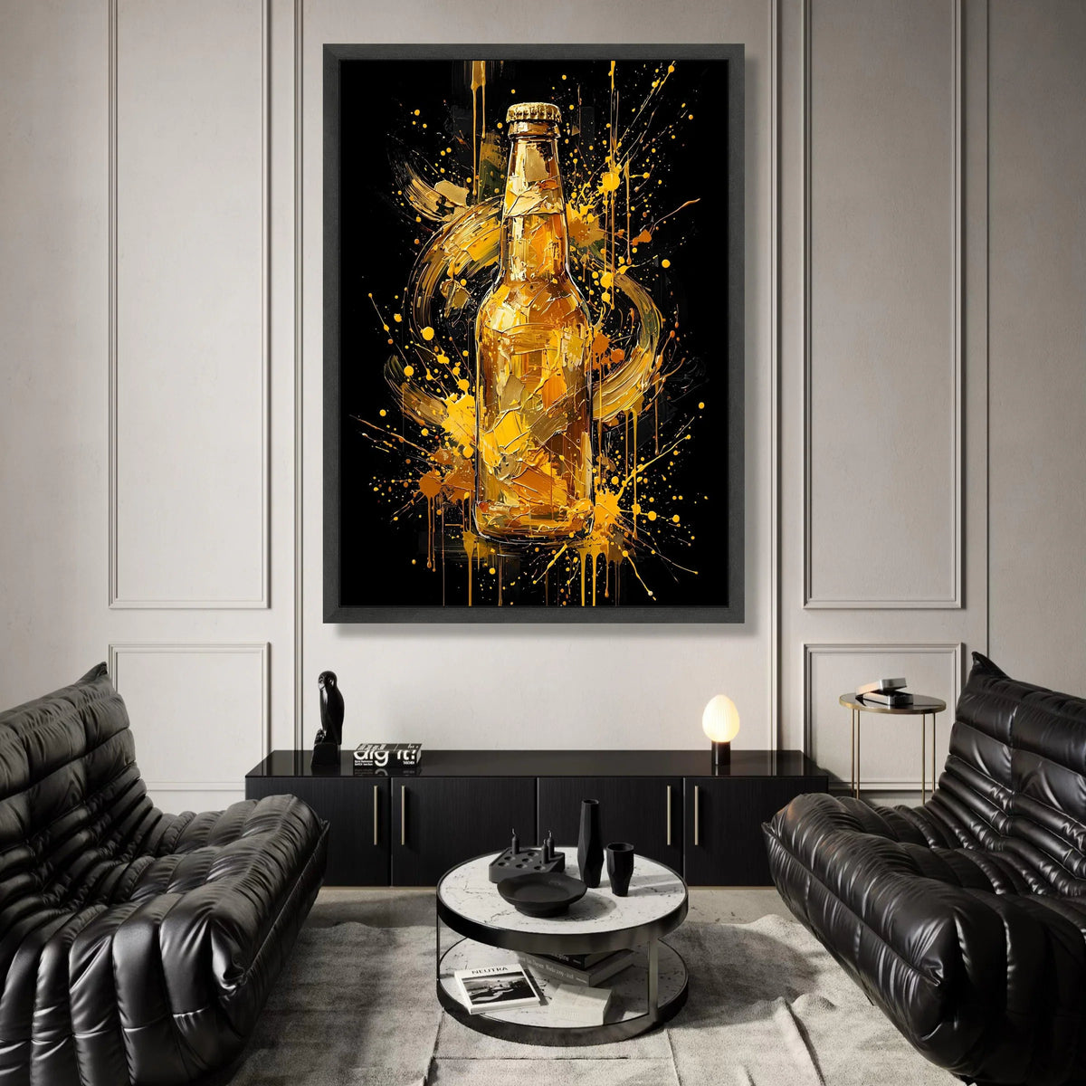 Abstract Beer Bottle Canvas, Modern Bar Wall Art, Splatter Paint Design, Golden Drink Decoration, Contemporary Home Canvas Canvas Print Art