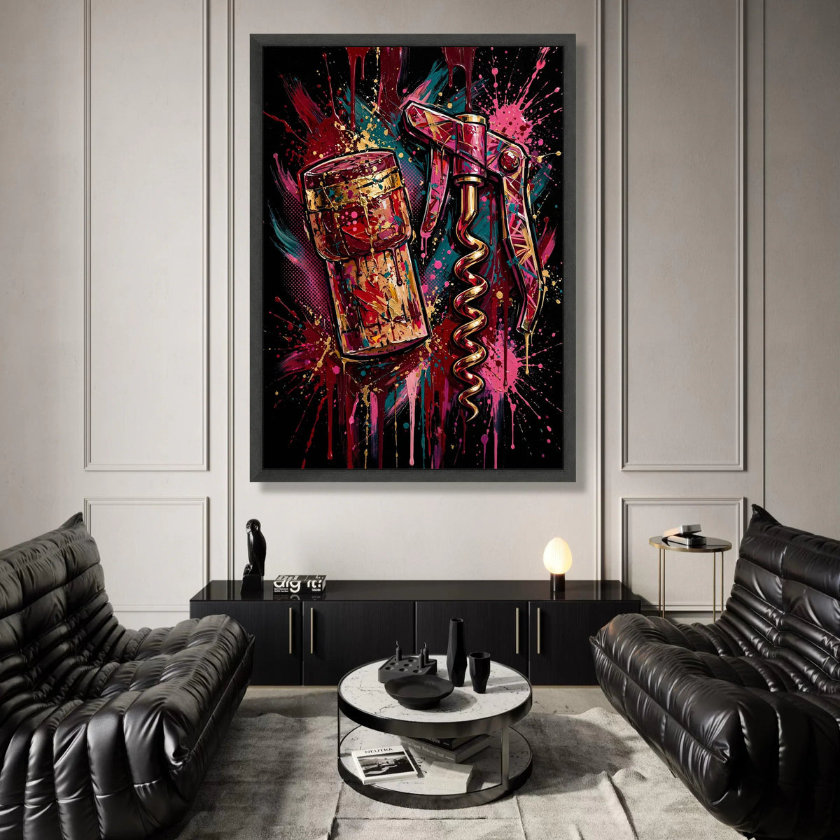 Modern Corkscrew and Wine Cork Canvas, Colorful Bar Art, Abstract Wine Lover Wall Art, Bold Home Decoration, Ready to Hang Canvas Print Art