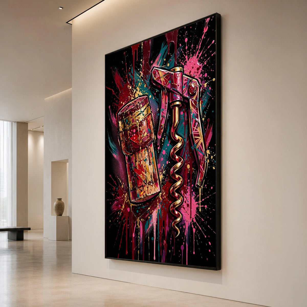 Modern Corkscrew and Wine Cork Canvas, Colorful Bar Art, Abstract Wine Lover Wall Art, Bold Home Decoration, Ready to Hang Canvas Print Art