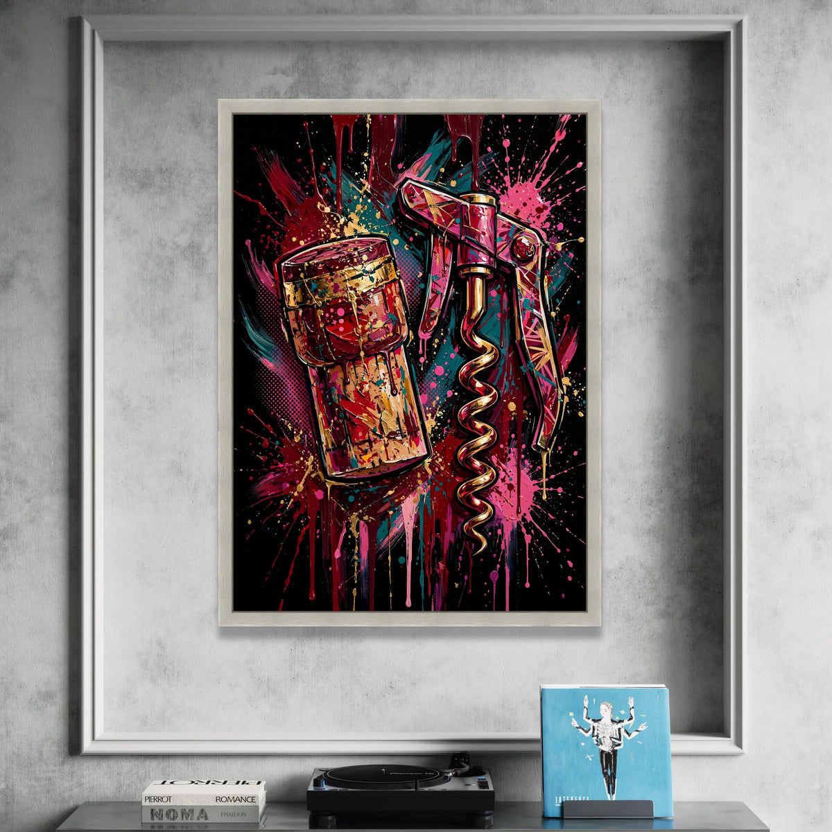 Modern Corkscrew and Wine Cork Canvas, Colorful Bar Art, Abstract Wine Lover Wall Art, Bold Home Decoration, Ready to Hang Canvas Print Art