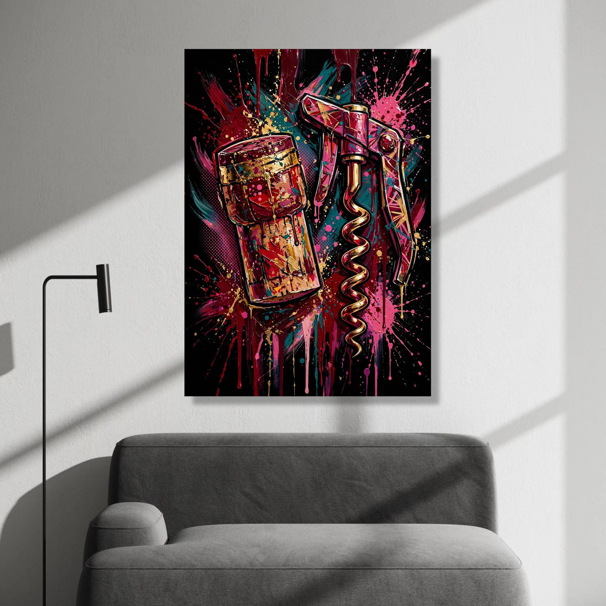 Modern Corkscrew and Wine Cork Canvas, Colorful Bar Art, Abstract Wine Lover Wall Art, Bold Home Decoration, Ready to Hang Canvas Print Art
