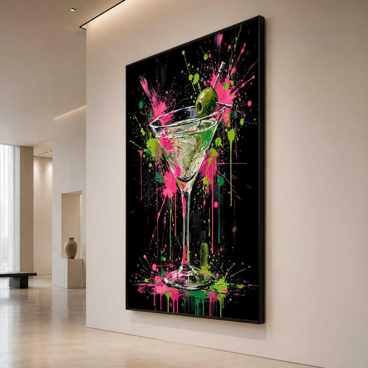 Vibrant Martini Glass Canvas, Cocktail Wall Art, Modern Bar Decor, Color Splash Canvas, Olive Garnish Painting, Drink Theme Canvas Print Art