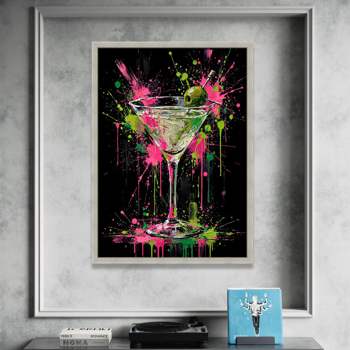 Vibrant Martini Glass Canvas, Cocktail Wall Art, Modern Bar Decor, Color Splash Canvas, Olive Garnish Painting, Drink Theme Canvas Print Art