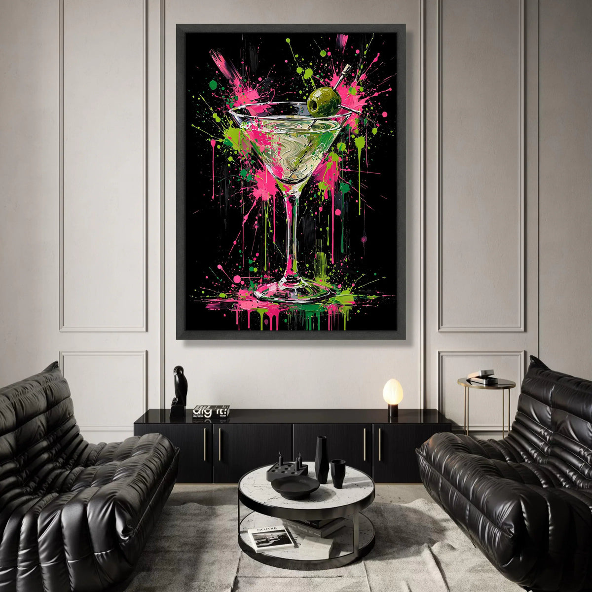 Vibrant Martini Glass Canvas, Cocktail Wall Art, Modern Bar Decor, Color Splash Canvas, Olive Garnish Painting, Drink Theme Canvas Print Art