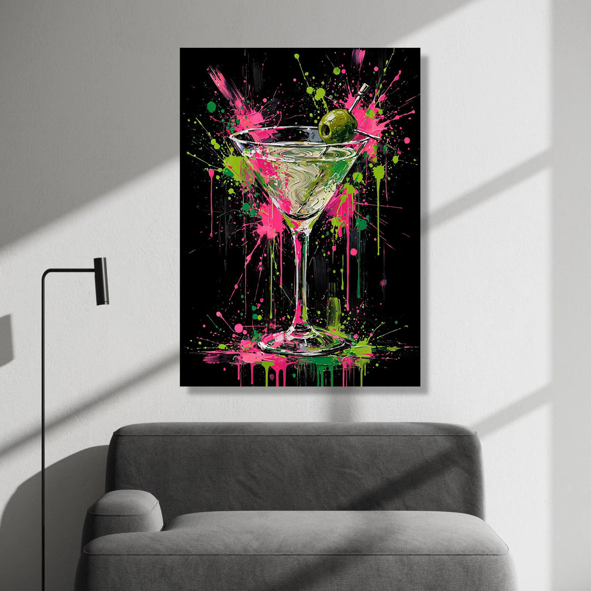 Vibrant Martini Glass Canvas, Cocktail Wall Art, Modern Bar Decor, Color Splash Canvas, Olive Garnish Painting, Drink Theme Canvas Print Art