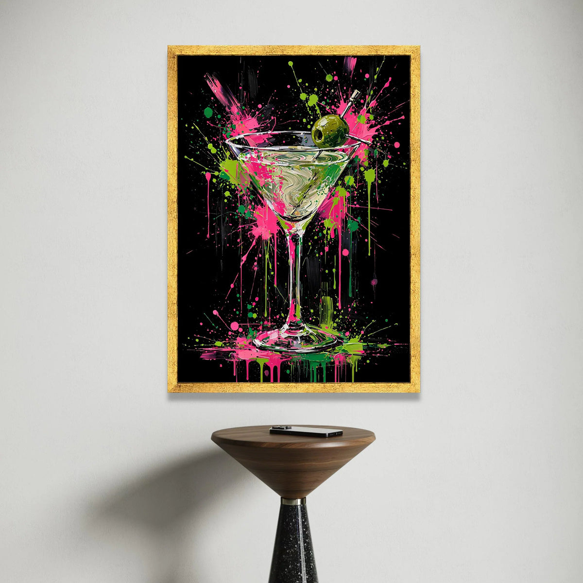 Vibrant Martini Glass Canvas, Cocktail Wall Art, Modern Bar Decor, Color Splash Canvas, Olive Garnish Painting, Drink Theme Canvas Print Art
