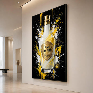 Pina Colada Cocktail Bottle Canvas, Tropical Drink Wall Art, Pineapple Rum Decor, Vibrant Splash Background, Modern Bar Canvas Print Art