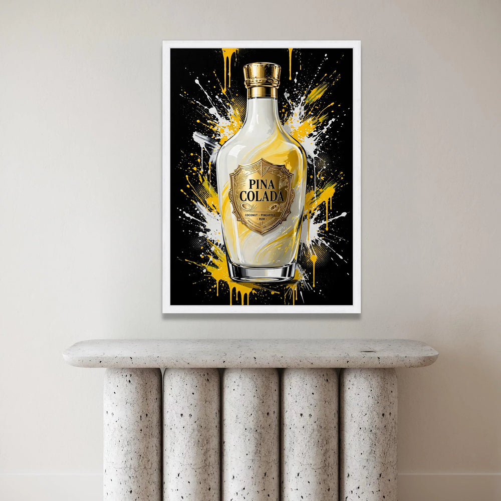 Pina Colada Cocktail Bottle Canvas, Tropical Drink Wall Art, Pineapple Rum Decor, Vibrant Splash Background, Modern Bar Canvas Print Art