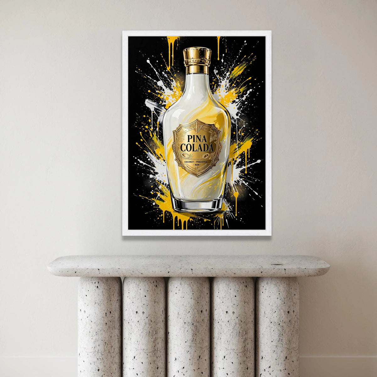 Pina Colada Cocktail Bottle Canvas, Tropical Drink Wall Art, Pineapple Rum Decor, Vibrant Splash Background, Modern Bar Canvas Print Art