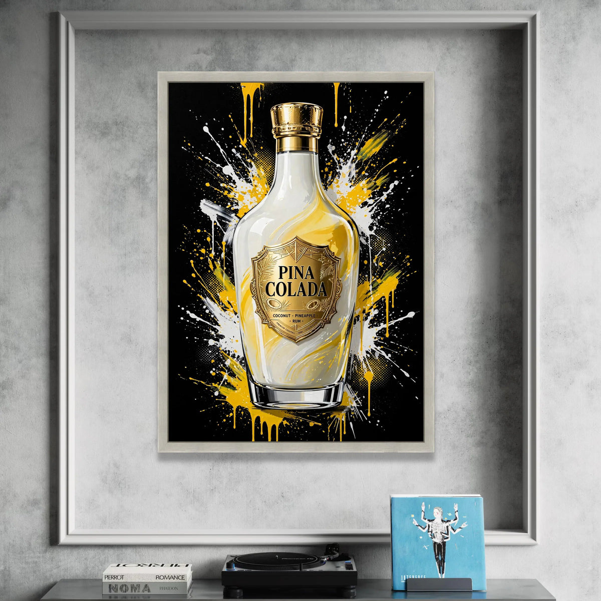 Pina Colada Cocktail Bottle Canvas, Tropical Drink Wall Art, Pineapple Rum Decor, Vibrant Splash Background, Modern Bar Canvas Print Art