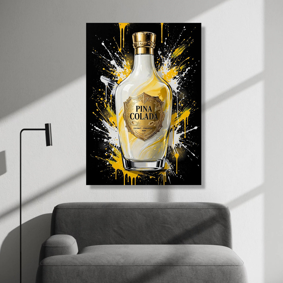 Pina Colada Cocktail Bottle Canvas, Tropical Drink Wall Art, Pineapple Rum Decor, Vibrant Splash Background, Modern Bar Canvas Print Art
