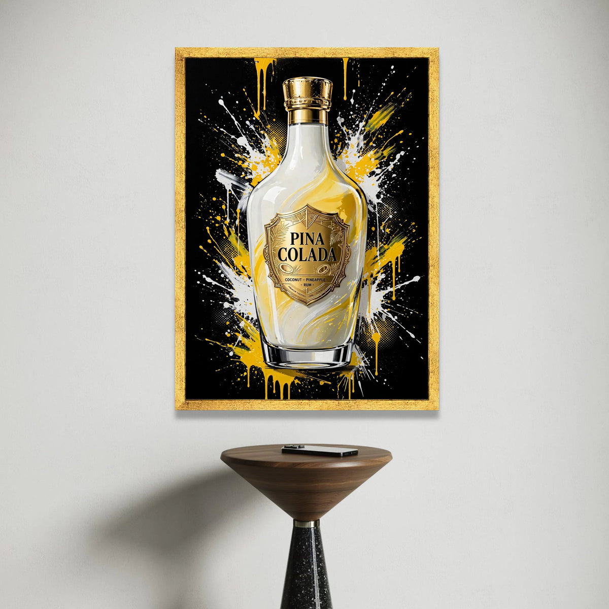 Pina Colada Cocktail Bottle Canvas, Tropical Drink Wall Art, Pineapple Rum Decor, Vibrant Splash Background, Modern Bar Canvas Print Art