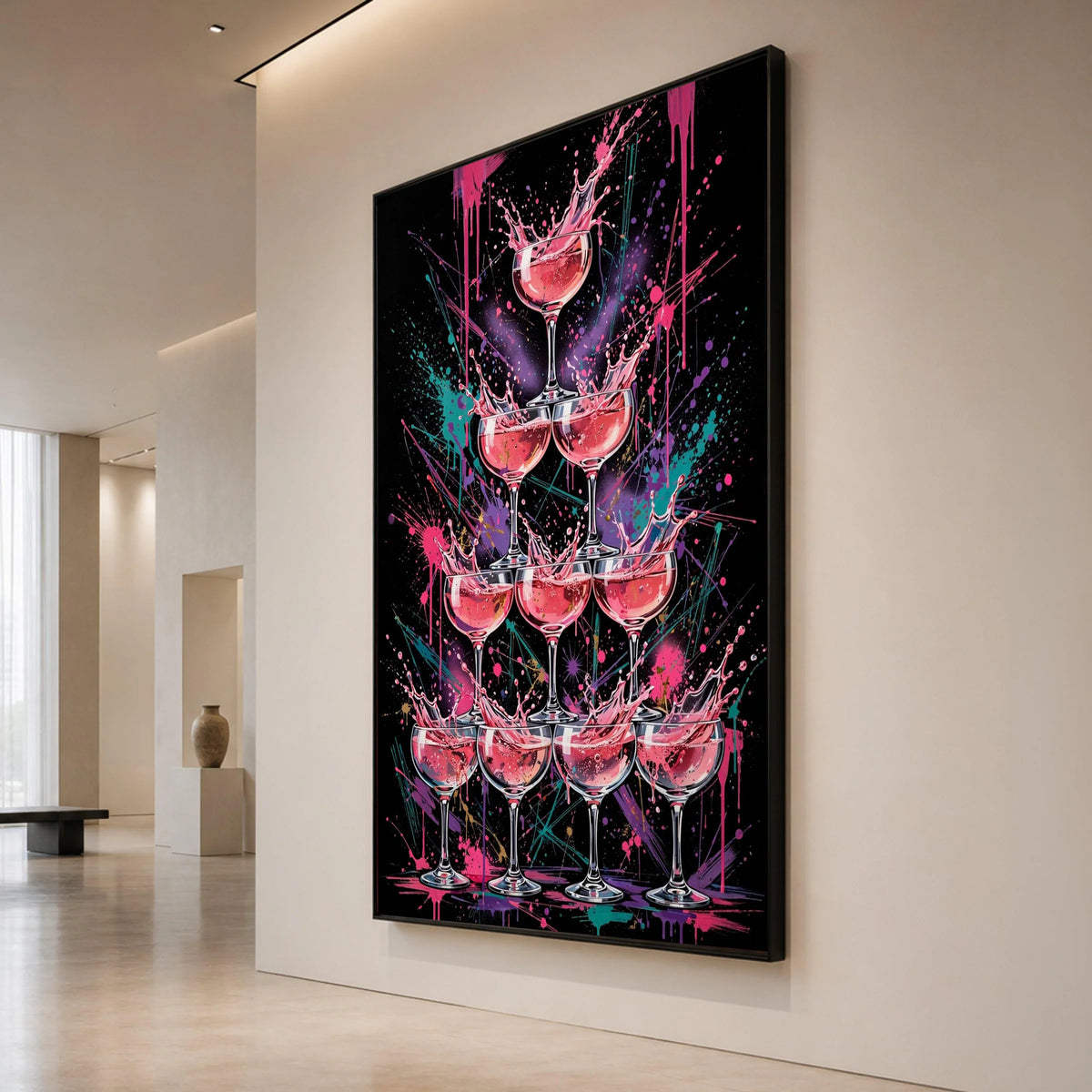 Vibrant Champagne Tower Canvas, Pink Splash Art, Modern Party Wall Decoration, Celebration Glasses Canvas, Colorful Drink Canvas Print Art