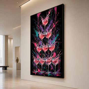 Vibrant Champagne Tower Canvas, Pink Splash Art, Modern Party Wall Decoration, Celebration Glasses Canvas, Colorful Drink Canvas Print Art