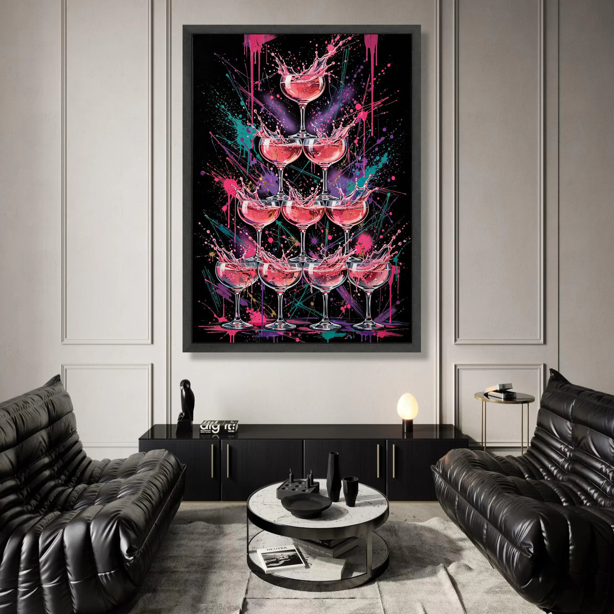 Vibrant Champagne Tower Canvas, Pink Splash Art, Modern Party Wall Decoration, Celebration Glasses Canvas, Colorful Drink Canvas Print Art