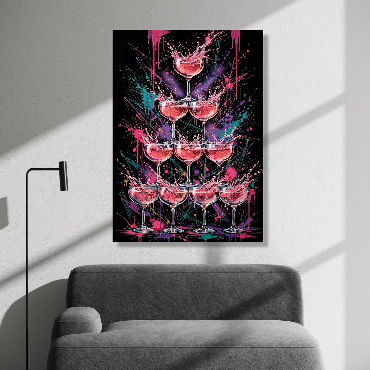 Vibrant Champagne Tower Canvas, Pink Splash Art, Modern Party Wall Decoration, Celebration Glasses Canvas, Colorful Drink Canvas Print Art