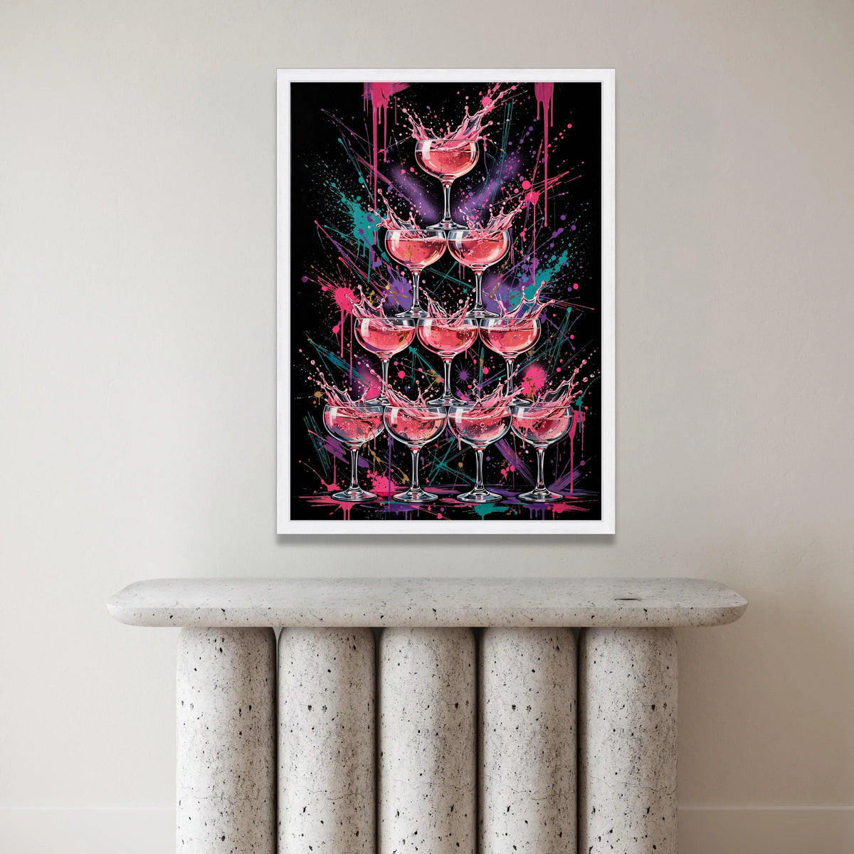 Vibrant Champagne Tower Canvas, Pink Splash Art, Modern Party Wall Decoration, Celebration Glasses Canvas, Colorful Drink Canvas Print Art
