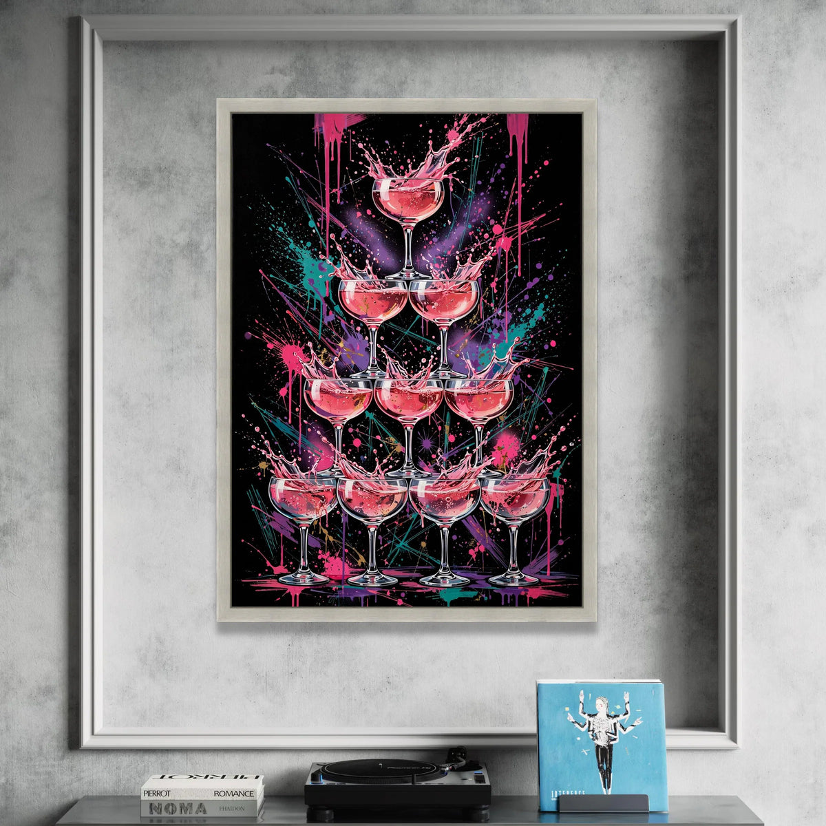 Vibrant Champagne Tower Canvas, Pink Splash Art, Modern Party Wall Decoration, Celebration Glasses Canvas, Colorful Drink Canvas Print Art