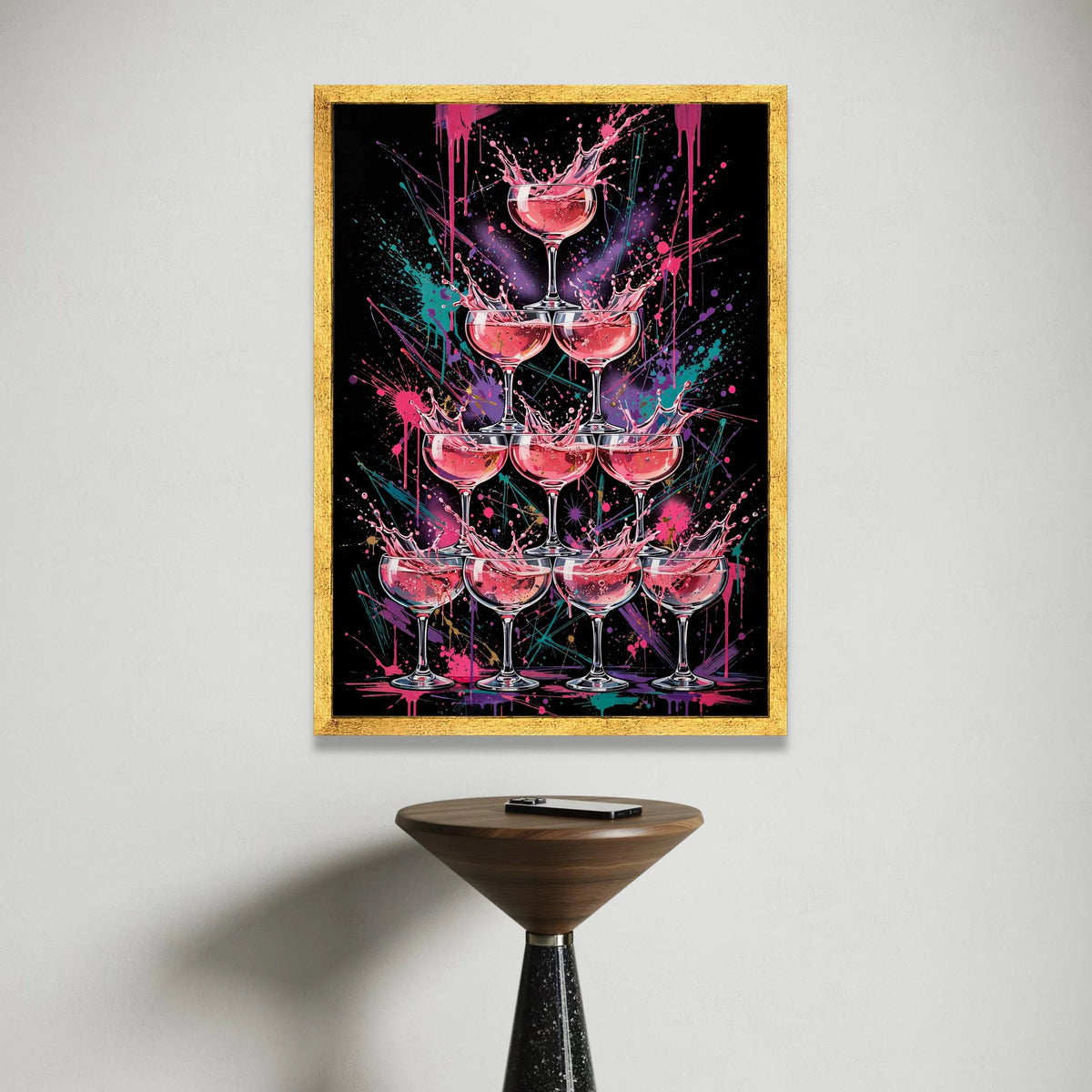 Vibrant Champagne Tower Canvas, Pink Splash Art, Modern Party Wall Decoration, Celebration Glasses Canvas, Colorful Drink Canvas Print Art