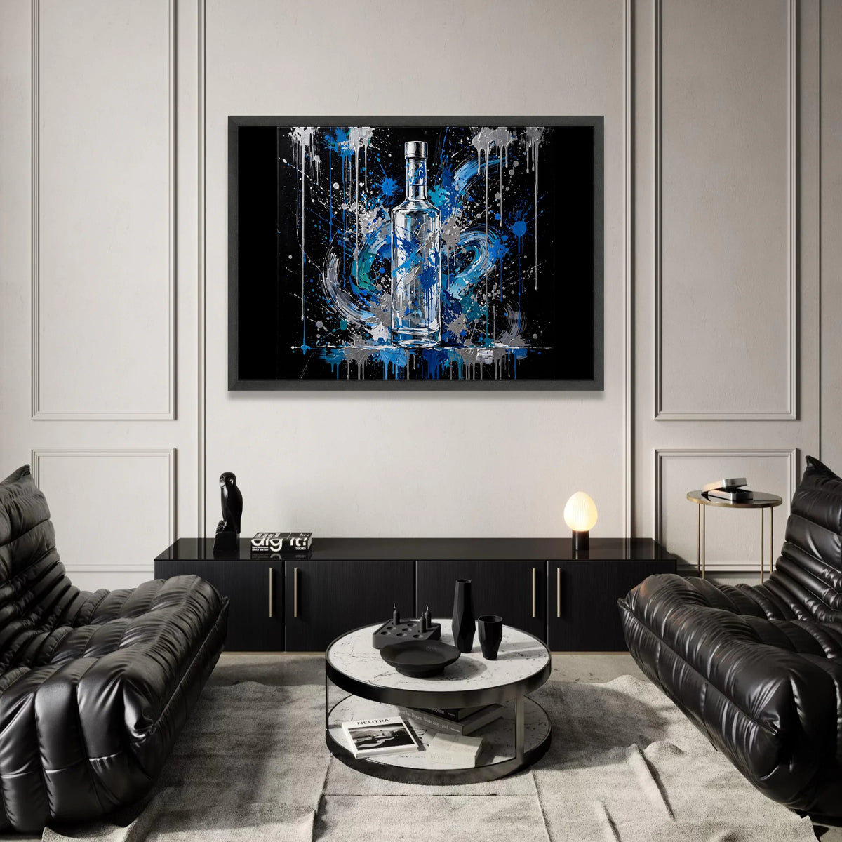 Abstract Blue Bottle Canvas Wall Art, Modern Splash Painting, Contemporary Home Decoration, Vibrant Liquid Design, Ready to Canvas Print Art
