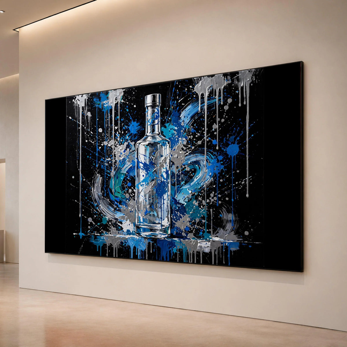 Abstract Blue Bottle Canvas Wall Art, Modern Splash Painting, Contemporary Home Decoration, Vibrant Liquid Design, Ready to Canvas Print Art