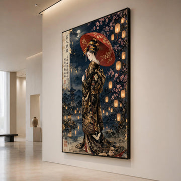 Elegant Geisha with Red Umbrella Canvas, Japanese Night Lanterns Wall Art, Traditional Kimono Decor, Cherry Blossom Scene Canvas Print Art