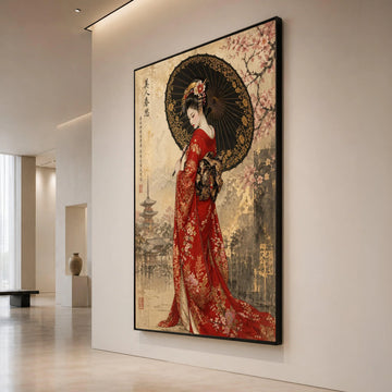 Elegant Geisha Red Kimono Canvas, Traditional Japanese Woman Art, Floral Umbrella Decoration, Asian Culture Wall Art, Canvas Print Art