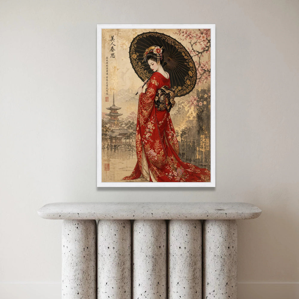 Elegant Geisha Red Kimono Canvas, Traditional Japanese Woman Art, Floral Umbrella Decoration, Asian Culture Wall Art, Canvas Print Art