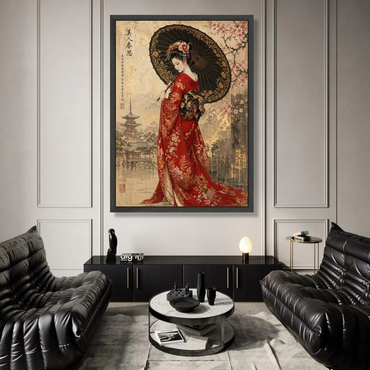 Elegant Geisha Red Kimono Canvas, Traditional Japanese Woman Art, Floral Umbrella Decoration, Asian Culture Wall Art, Canvas Print Art