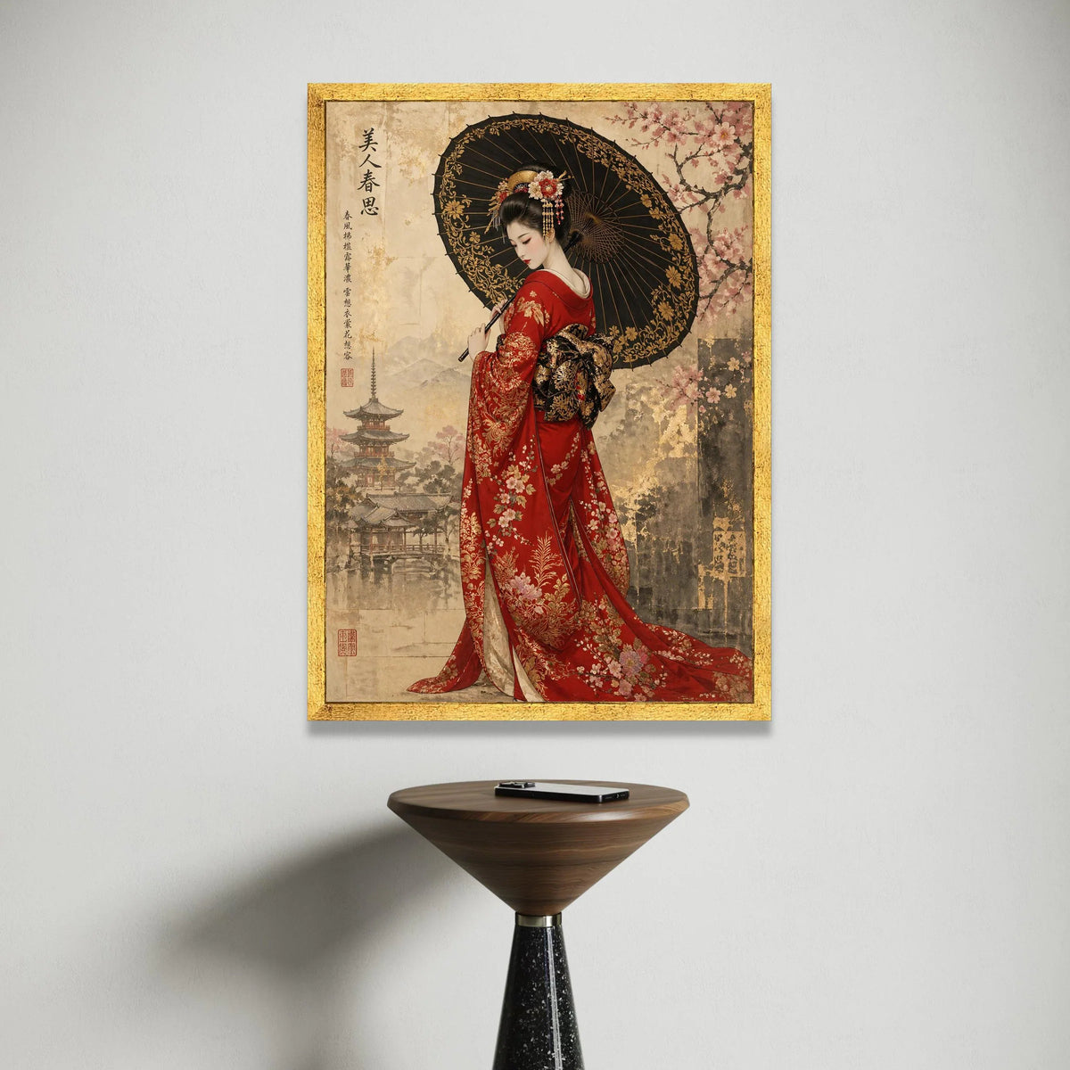 Elegant Geisha Red Kimono Canvas, Traditional Japanese Woman Art, Floral Umbrella Decoration, Asian Culture Wall Art, Canvas Print Art