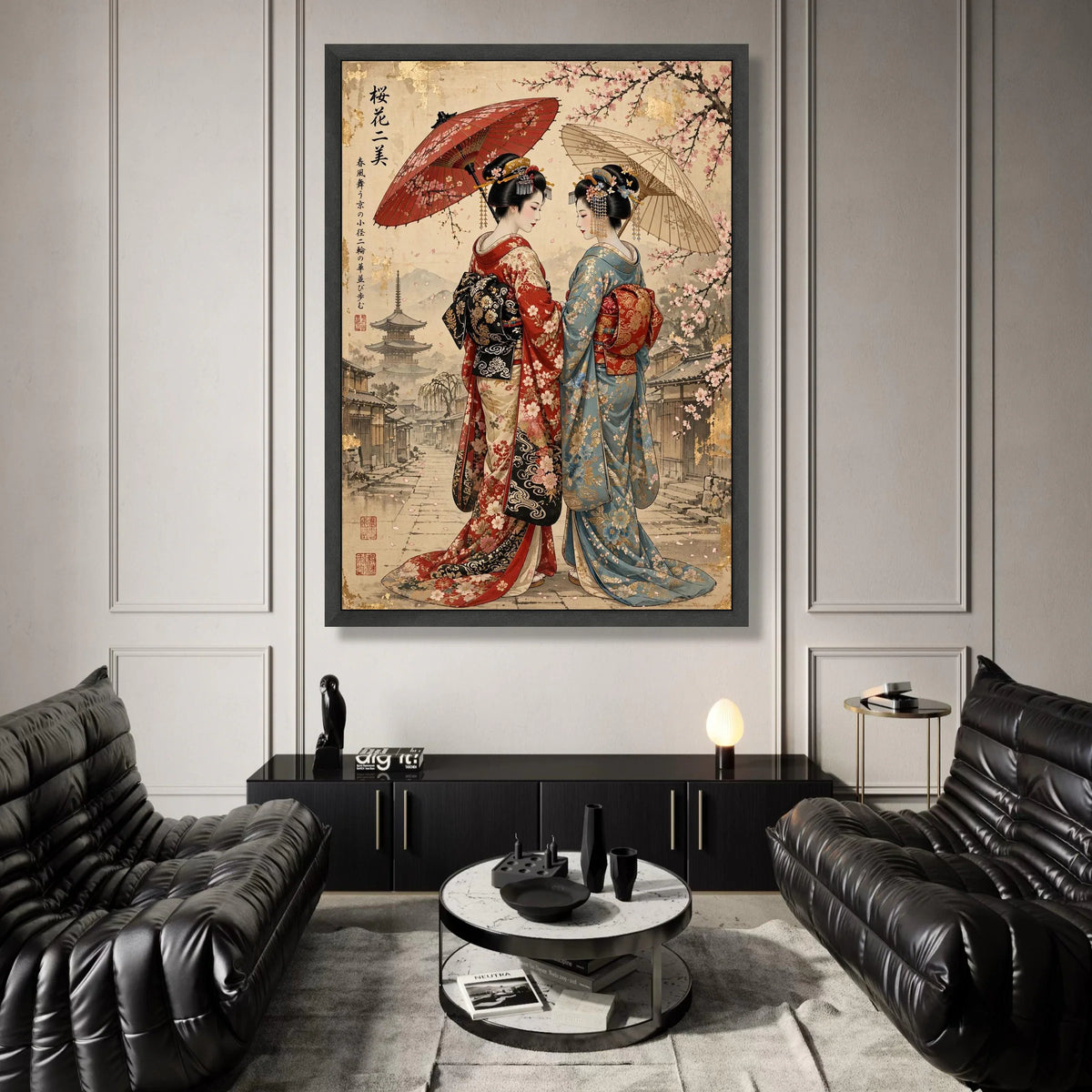Elegant Geisha Duo Canvas, Cherry Blossom Scene, Traditional Japanese Art, Kimono Wall Decor, Asian Culture Canvas, Ready Canvas Print Art