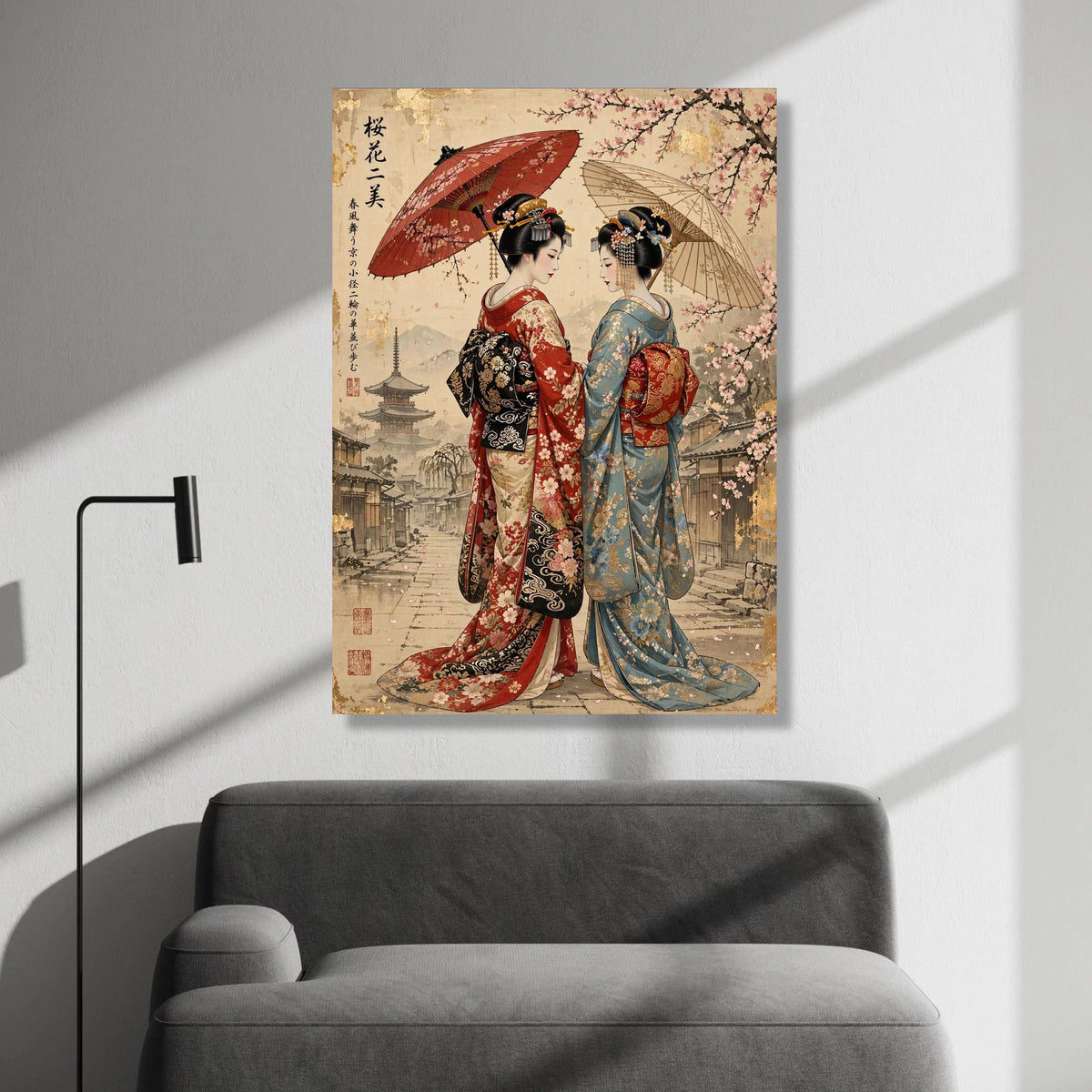 Elegant Geisha Duo Canvas, Cherry Blossom Scene, Traditional Japanese Art, Kimono Wall Decor, Asian Culture Canvas, Ready Canvas Print Art