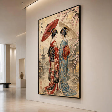 Elegant Geisha Duo Canvas, Cherry Blossom Scene, Traditional Japanese Art, Kimono Wall Decor, Asian Culture Canvas, Ready Canvas Print Art