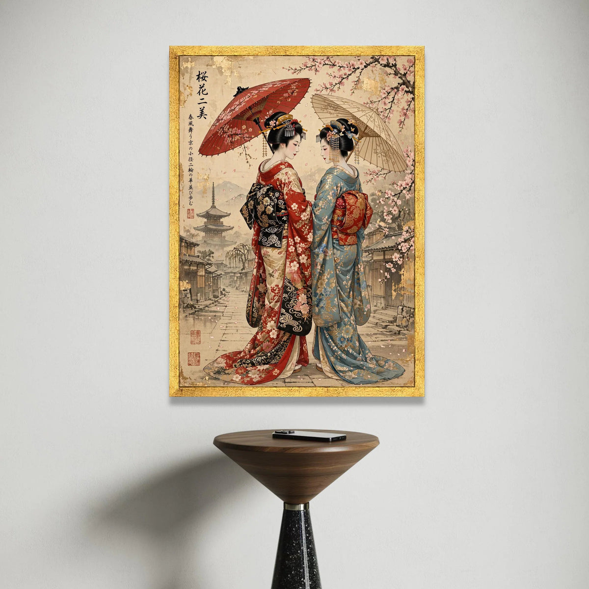 Elegant Geisha Duo Canvas, Cherry Blossom Scene, Traditional Japanese Art, Kimono Wall Decor, Asian Culture Canvas, Ready Canvas Print Art