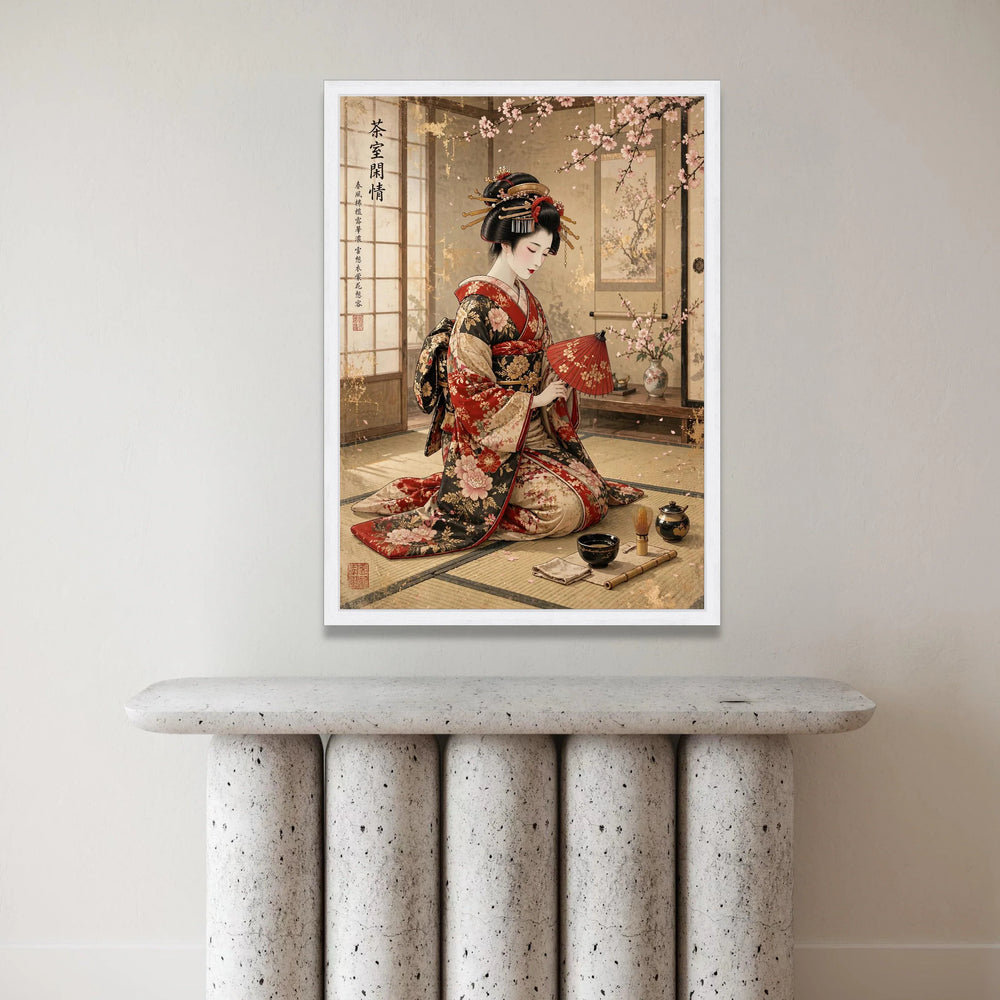 Elegant Geisha Traditional Kimono, Japanese Tea Ceremony Canvas, Cherry Blossom Wall Art, Asian Culture Decoration, Calm Canvas Print Art