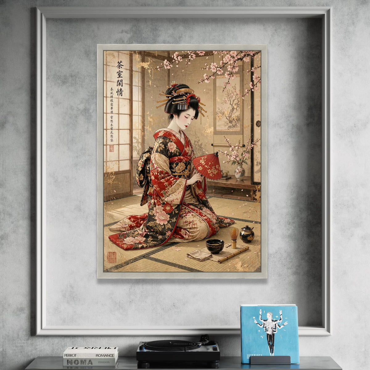 Elegant Geisha Traditional Kimono, Japanese Tea Ceremony Canvas, Cherry Blossom Wall Art, Asian Culture Decoration, Calm Canvas Print Art