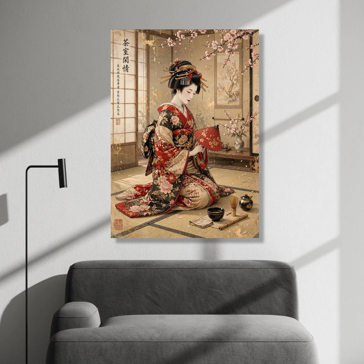 Elegant Geisha Traditional Kimono, Japanese Tea Ceremony Canvas, Cherry Blossom Wall Art, Asian Culture Decoration, Calm Canvas Print Art