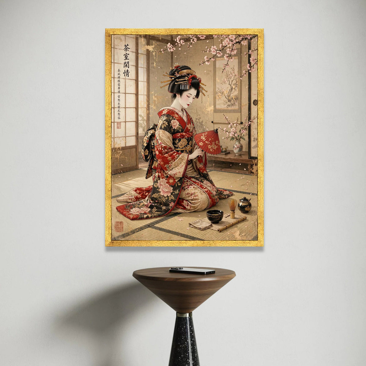 Elegant Geisha Traditional Kimono, Japanese Tea Ceremony Canvas, Cherry Blossom Wall Art, Asian Culture Decoration, Calm Canvas Print Art