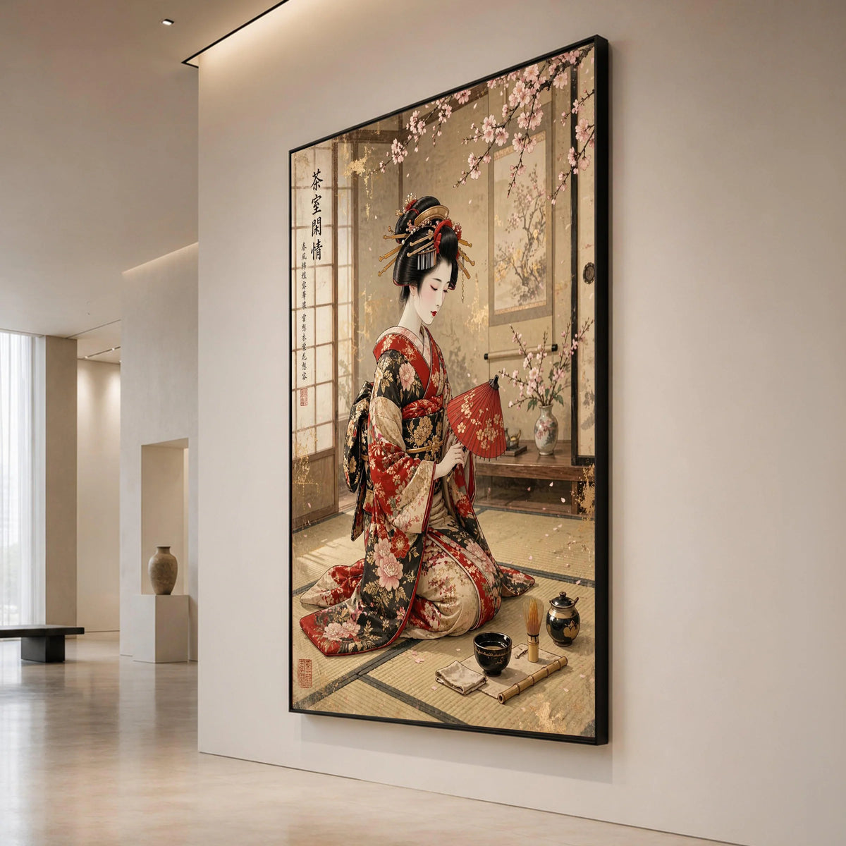 Elegant Geisha Traditional Kimono, Japanese Tea Ceremony Canvas, Cherry Blossom Wall Art, Asian Culture Decoration, Calm Canvas Print Art