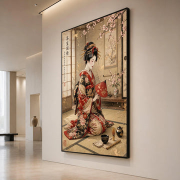 Elegant Geisha Traditional Kimono, Japanese Tea Ceremony Canvas, Cherry Blossom Wall Art, Asian Culture Decoration, Calm Canvas Print Art