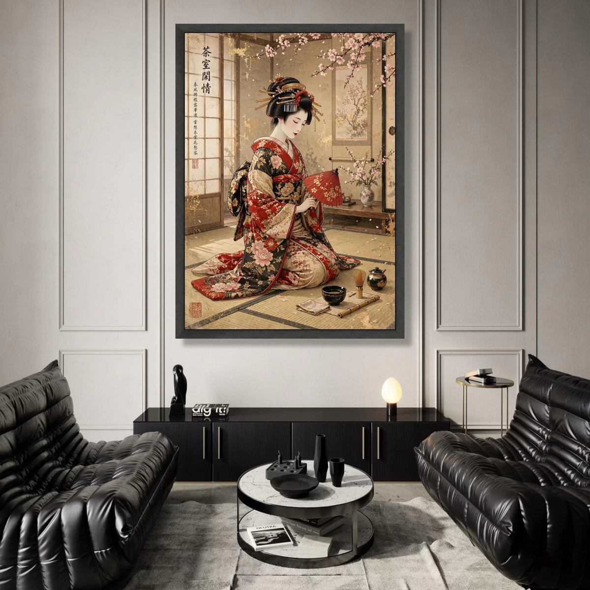 Elegant Geisha Traditional Kimono, Japanese Tea Ceremony Canvas, Cherry Blossom Wall Art, Asian Culture Decoration, Calm Canvas Print Art