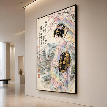 Elegant Japanese Geisha with Umbrella Canvas, Sakura Blossom Wall Art, Traditional Kimono Design, Oriental Landscape Canvas Canvas Print Art