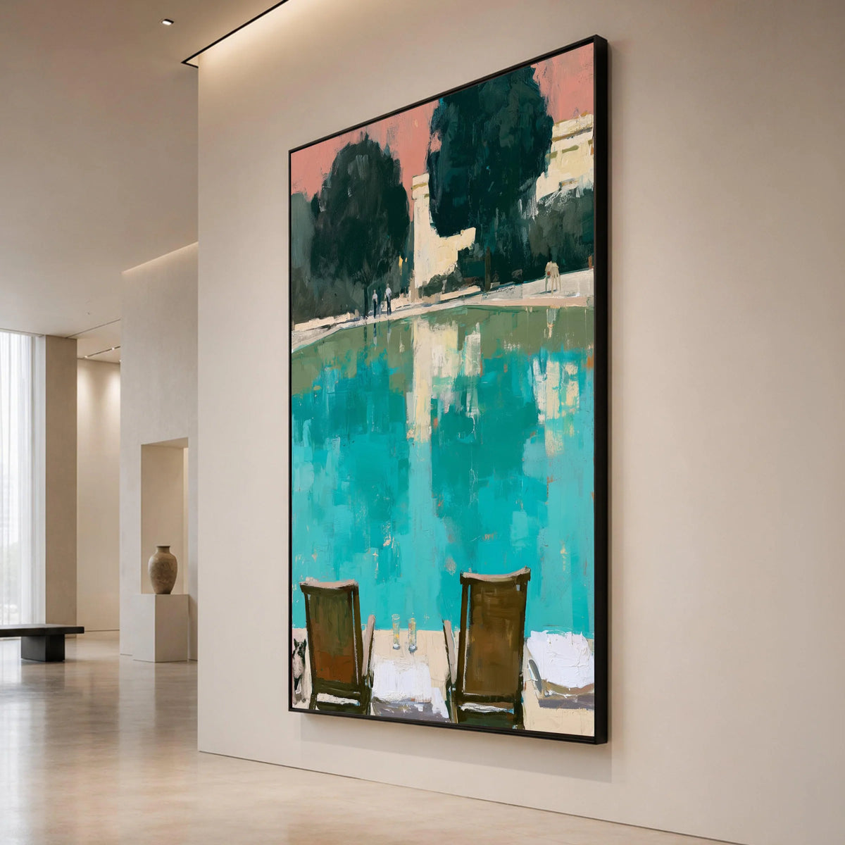 David Hockney Style Poolside View Canvas, Modern Abstract Landscape Wall Art, Vibrant Colorful Home Decor, Artistic Outdoor Canvas Print Art