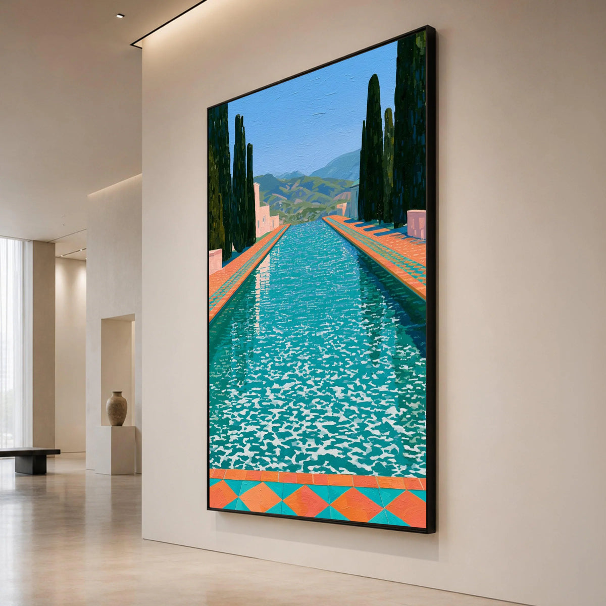 David Hockney Poolside View Canvas, Modern Landscape Wall Art, Bright Colorful Water Scene, Mediterranean Style Home Decor Canvas Print Art