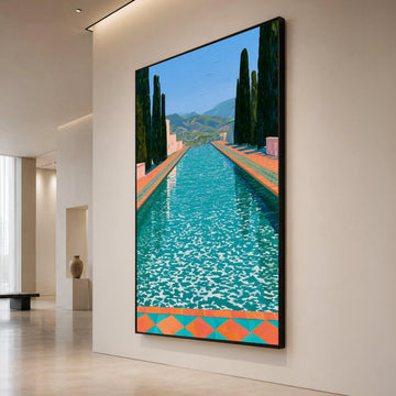David Hockney Poolside View Canvas, Modern Landscape Wall Art, Bright Colorful Water Scene, Mediterranean Style Home Decor Canvas Print Art