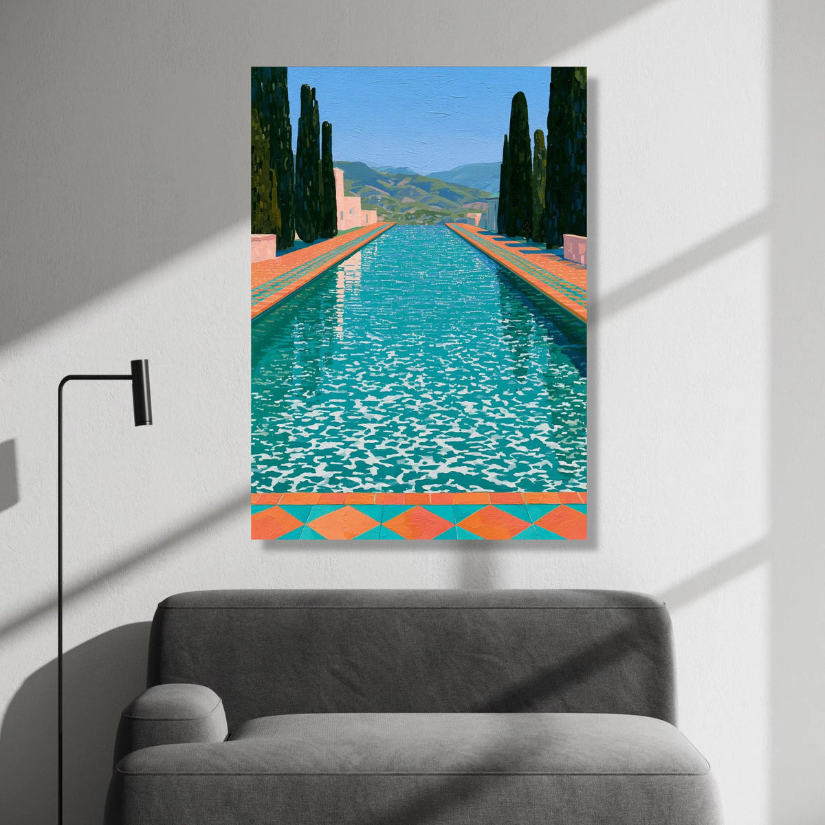 David Hockney Poolside View Canvas, Modern Landscape Wall Art, Bright Colorful Water Scene, Mediterranean Style Home Decor Canvas Print Art